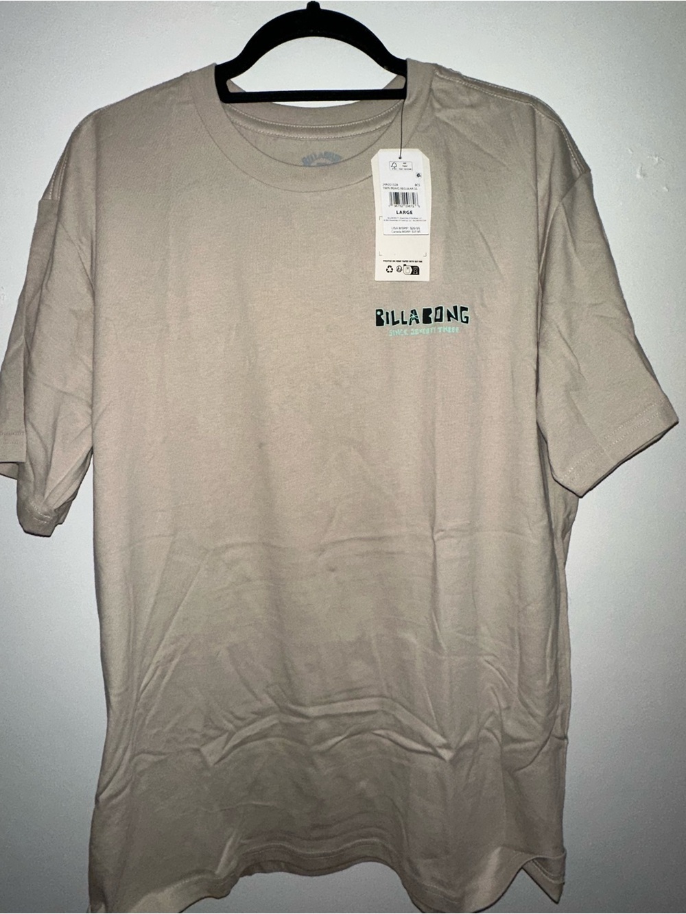 Billabong Men's Short Sleeve Tee in Beige with Teal Logo